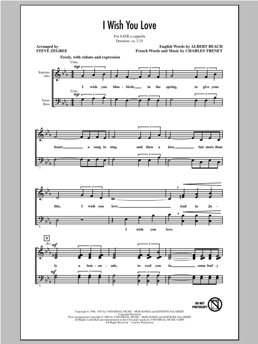 Charles Trenet I Wish You Love (arr. Steve Zegree) Sheet Music Notes & Chords for SATB - Download or Print PDF