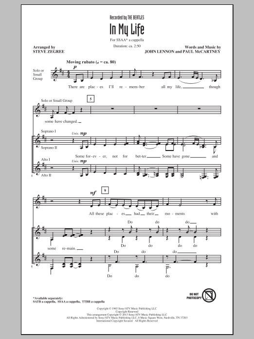 Steve Zegree In My Life Sheet Music Notes & Chords for SSA - Download or Print PDF