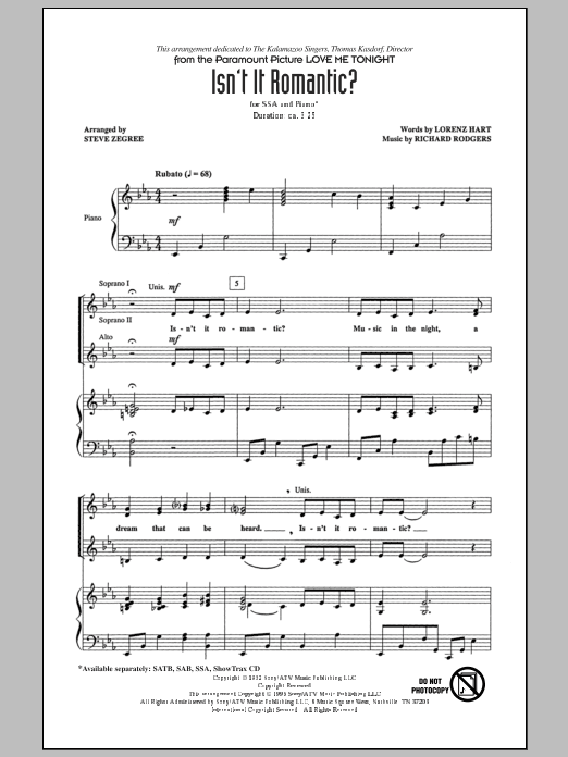 Steve Zegree Isn't It Romantic? Sheet Music Notes & Chords for SAB - Download or Print PDF