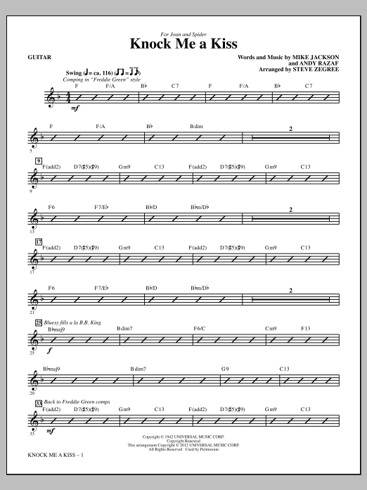 Steve Zegree Knock Me A Kiss - Guitar Sheet Music Notes & Chords for Choir Instrumental Pak - Download or Print PDF