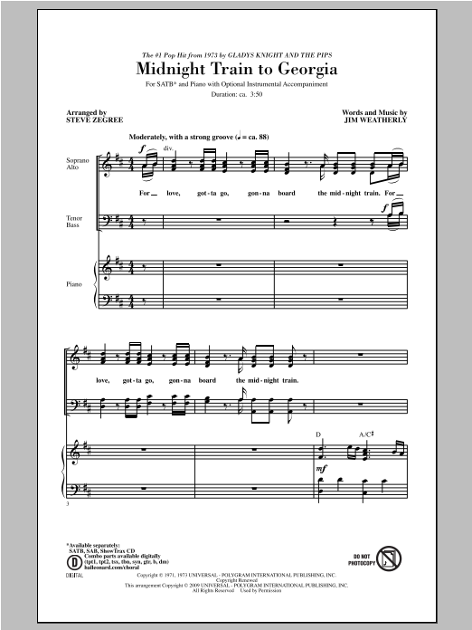 Gladys Knight & The Pips Midnight Train To Georgia (arr. Steve Zegree) Sheet Music Notes & Chords for SAB - Download or Print PDF