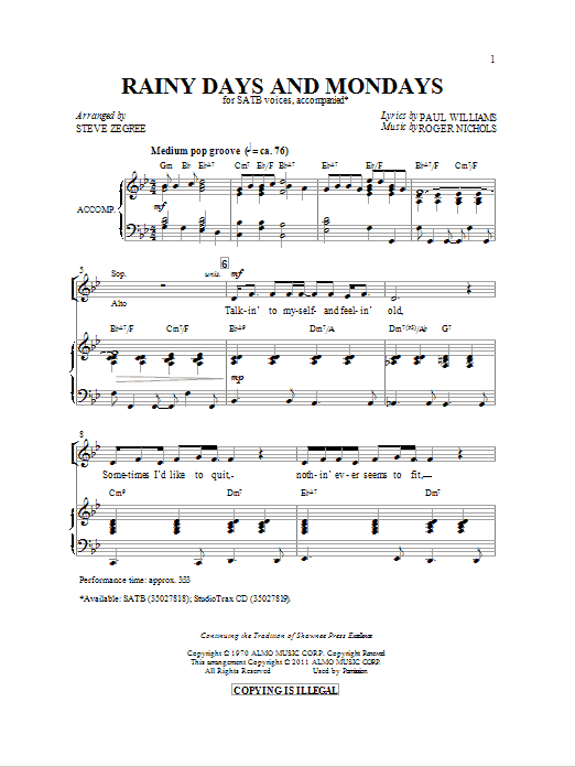 Carpenters Rainy Days And Mondays (arr. Steve Zegree) Sheet Music Notes & Chords for SATB - Download or Print PDF