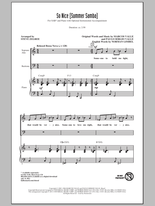 Steve Zegree So Nice (Summer Samba) Sheet Music Notes & Chords for SATB - Download or Print PDF