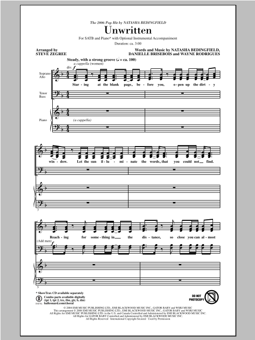Steve Zegree Unwritten Sheet Music Notes & Chords for SATB - Download or Print PDF