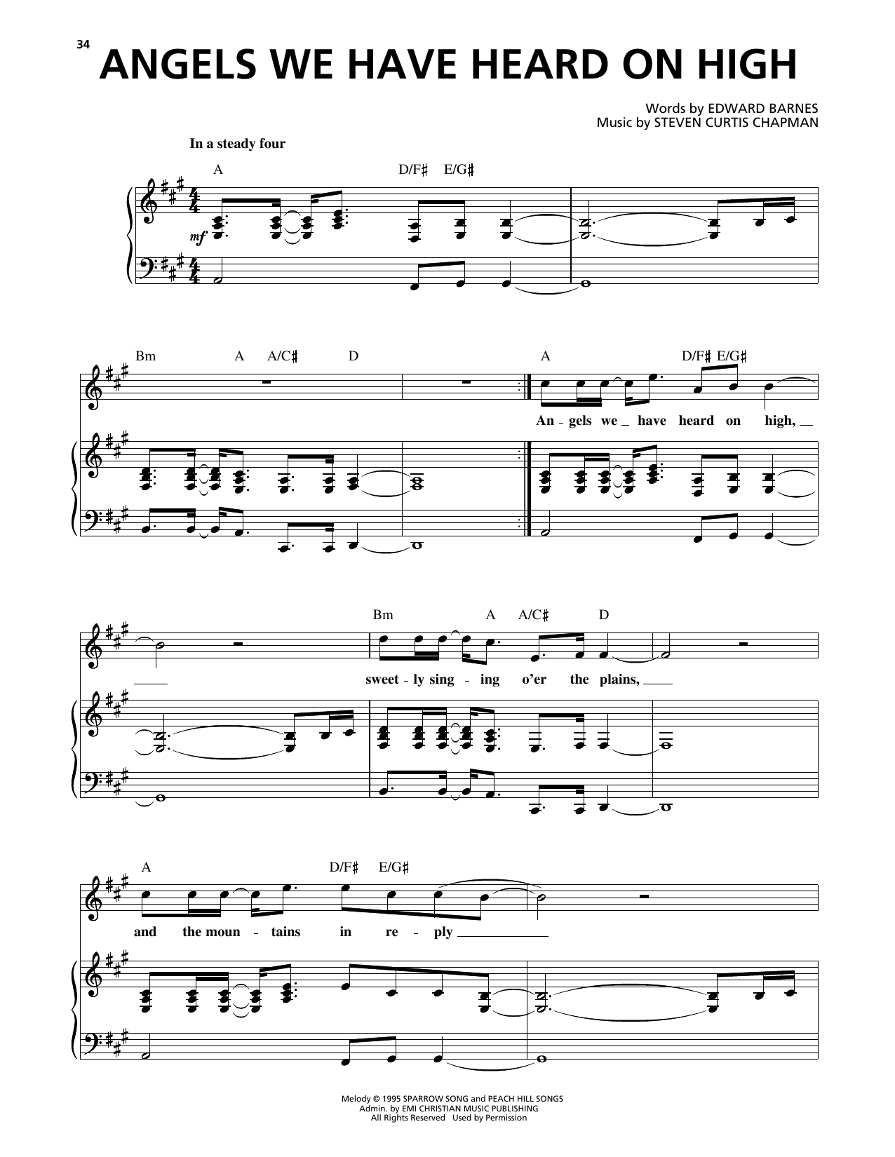 Steven Curtis Chapman Angels We Have Heard On High Sheet Music Notes & Chords for Piano, Vocal & Guitar Chords (Right-Hand Melody) - Download or Print PDF