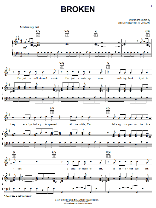 Steven Curtis Chapman Broken Sheet Music Notes & Chords for Piano, Vocal & Guitar (Right-Hand Melody) - Download or Print PDF