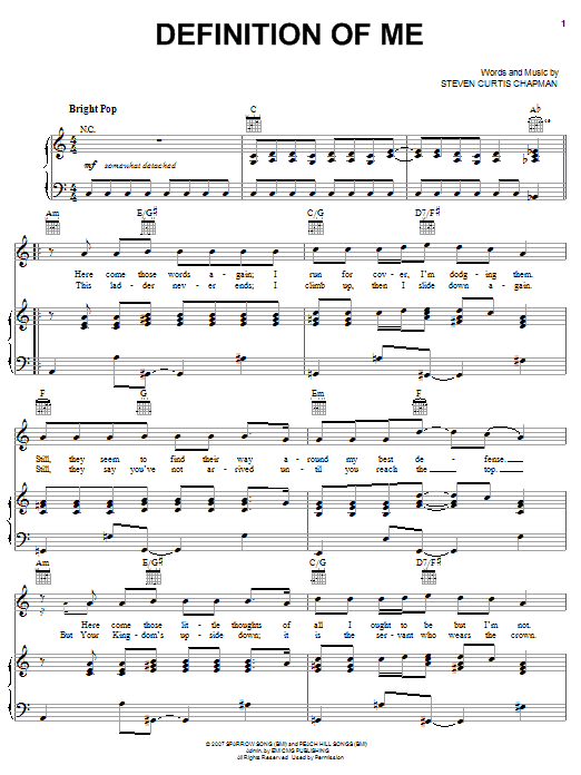 Steven Curtis Chapman Definition Of Me Sheet Music Notes & Chords for Piano, Vocal & Guitar (Right-Hand Melody) - Download or Print PDF Steven Curtis Chapman Definition Of Me Sheet Music Notes & Chords for Piano, Vocal & Guitar (Right-Hand Melody) - Download or Print PDF