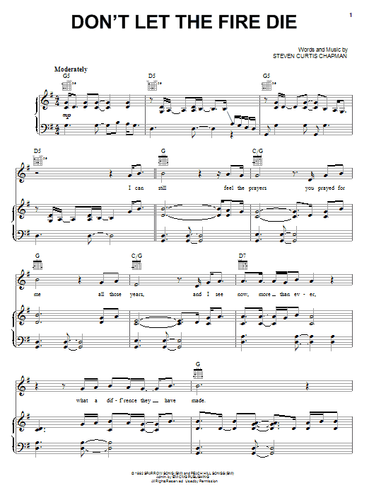 Steven Curtis Chapman Don't Let The Fire Die Sheet Music Notes & Chords for Lyrics & Chords - Download or Print PDF