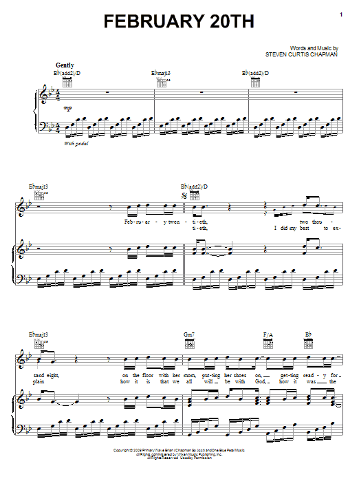 Steven Curtis Chapman February 20th Sheet Music Notes & Chords for Piano, Vocal & Guitar (Right-Hand Melody) - Download or Print PDF