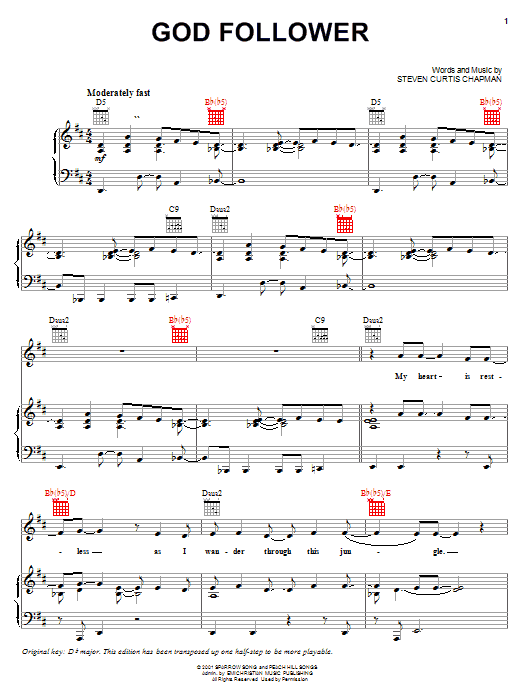 Steven Curtis Chapman God Follower Sheet Music Notes & Chords for Piano, Vocal & Guitar (Right-Hand Melody) - Download or Print PDF Steven Curtis Chapman God Follower Sheet Music Notes & Chords for Piano, Vocal & Guitar (Right-Hand Melody) - Download or Print PDF