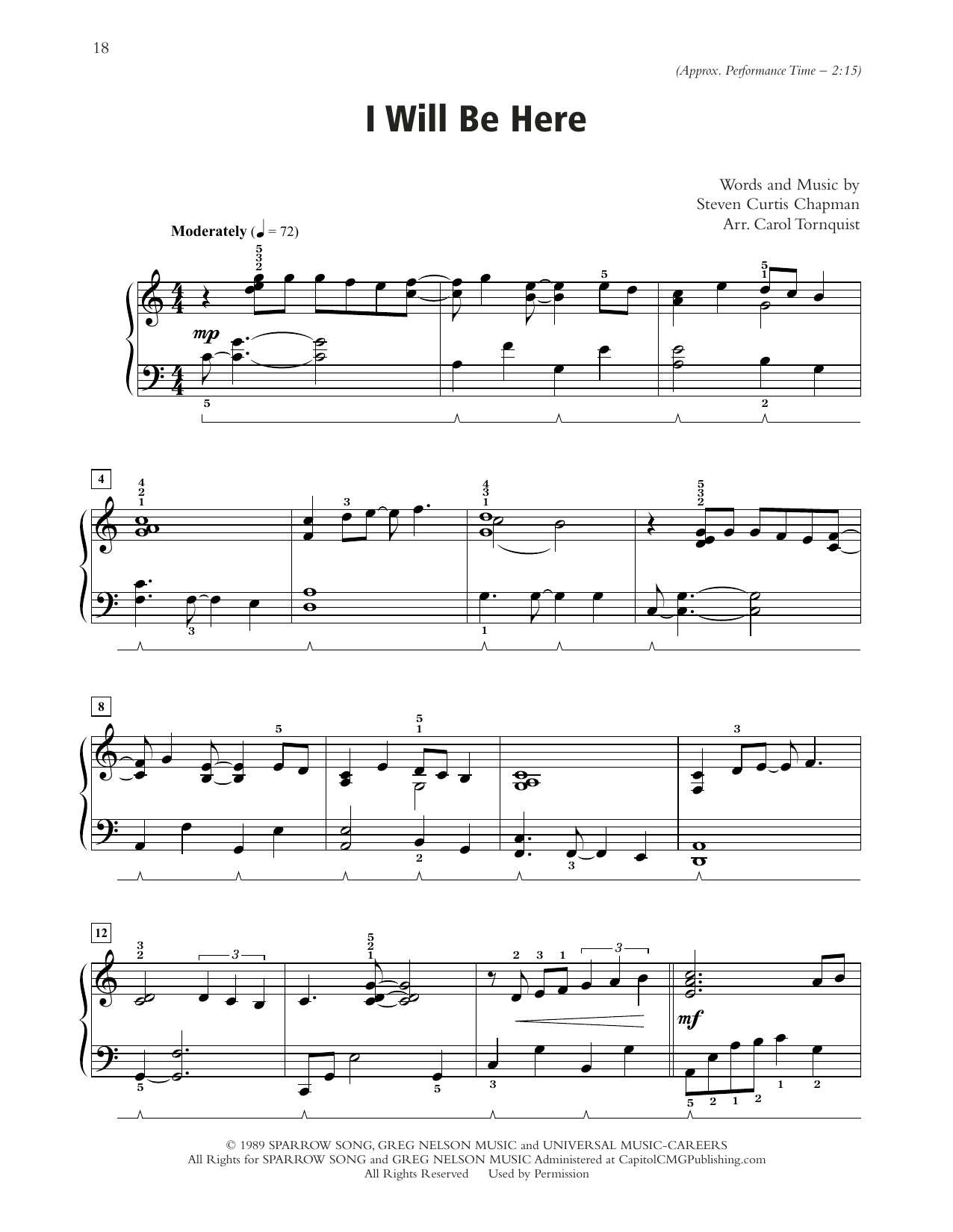 Steven Curtis Chapman I Will Be Here (arr. Carol Tornquist) Sheet Music Notes & Chords for Piano Solo - Download or Print PDF