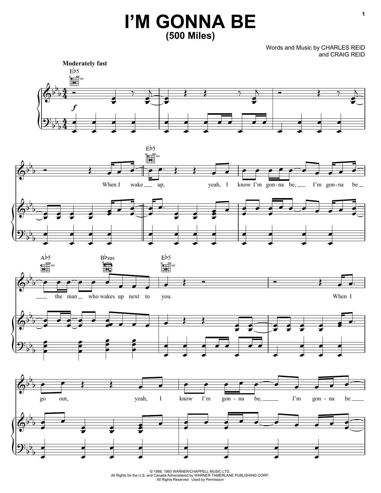 Steven Curtis Chapman I'm Gonna Be (500 Miles) Sheet Music Notes & Chords for Piano, Vocal & Guitar (Right-Hand Melody) - Download or Print PDF