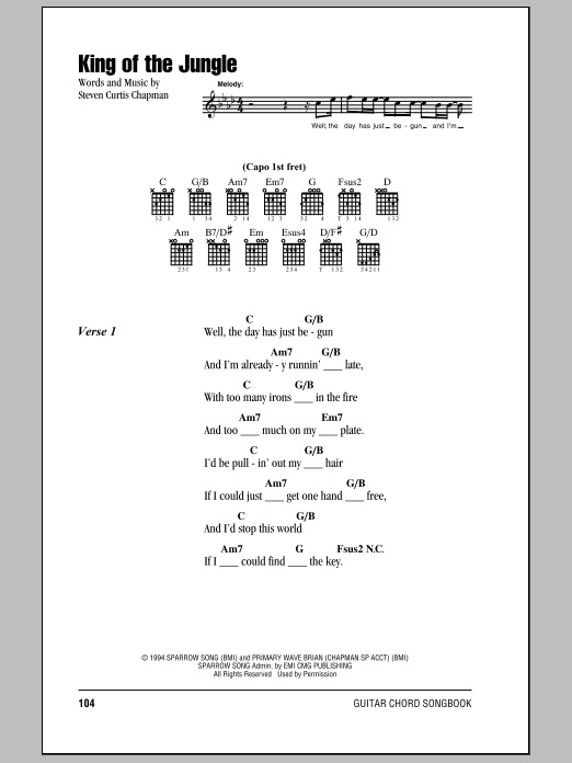 Steven Curtis Chapman King Of The Jungle Sheet Music Notes & Chords for Lyrics & Chords - Download or Print PDF