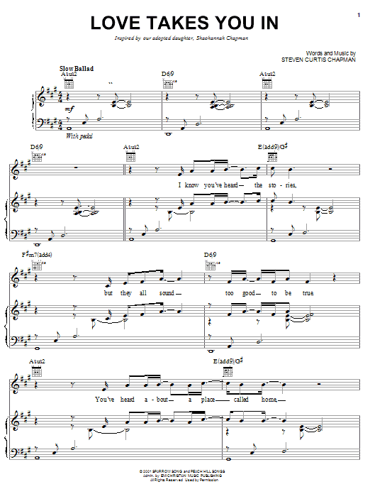 Steven Curtis Chapman Love Takes You In Sheet Music Notes & Chords for Piano, Vocal & Guitar (Right-Hand Melody) - Download or Print PDF Steven Curtis Chapman Love Takes You In Sheet Music Notes & Chords for Piano, Vocal & Guitar (Right-Hand Melody) - Download or Print PDF