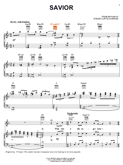 Steven Curtis Chapman Savior Sheet Music Notes & Chords for Piano, Vocal & Guitar (Right-Hand Melody) - Download or Print PDF Steven Curtis Chapman Savior Sheet Music Notes & Chords for Piano, Vocal & Guitar (Right-Hand Melody) - Download or Print PDF