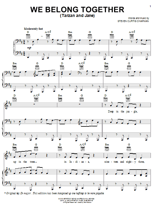 Steven Curtis Chapman We Belong Together (Tarzan And Jane) Sheet Music Notes & Chords for Piano, Vocal & Guitar (Right-Hand Melody) - Download or Print PDF Steven Curtis Chapman We Belong Together (Tarzan And Jane) Sheet Music Notes & Chords for Piano, Vocal & Guitar (Right-Hand Melody) - Download or Print PDF