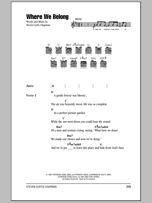 Steven Curtis Chapman Where We Belong Sheet Music Notes & Chords for Lyrics & Chords - Download or Print PDF