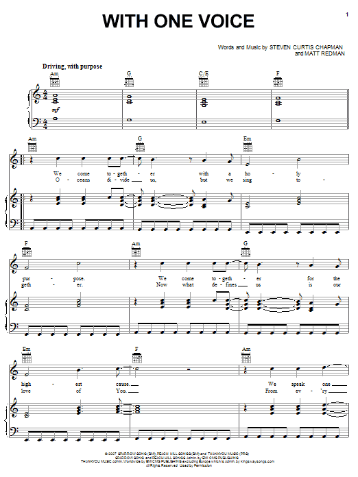 Steven Curtis Chapman With One Voice Sheet Music Notes & Chords for Piano, Vocal & Guitar (Right-Hand Melody) - Download or Print PDF Steven Curtis Chapman With One Voice Sheet Music Notes & Chords for Piano, Vocal & Guitar (Right-Hand Melody) - Download or Print PDF