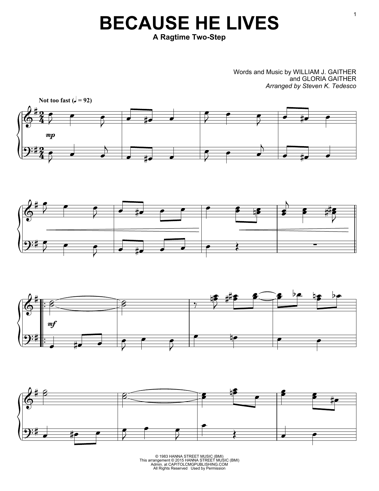 Steven K. Tedesco Because He Lives Sheet Music Notes & Chords for Piano - Download or Print PDF