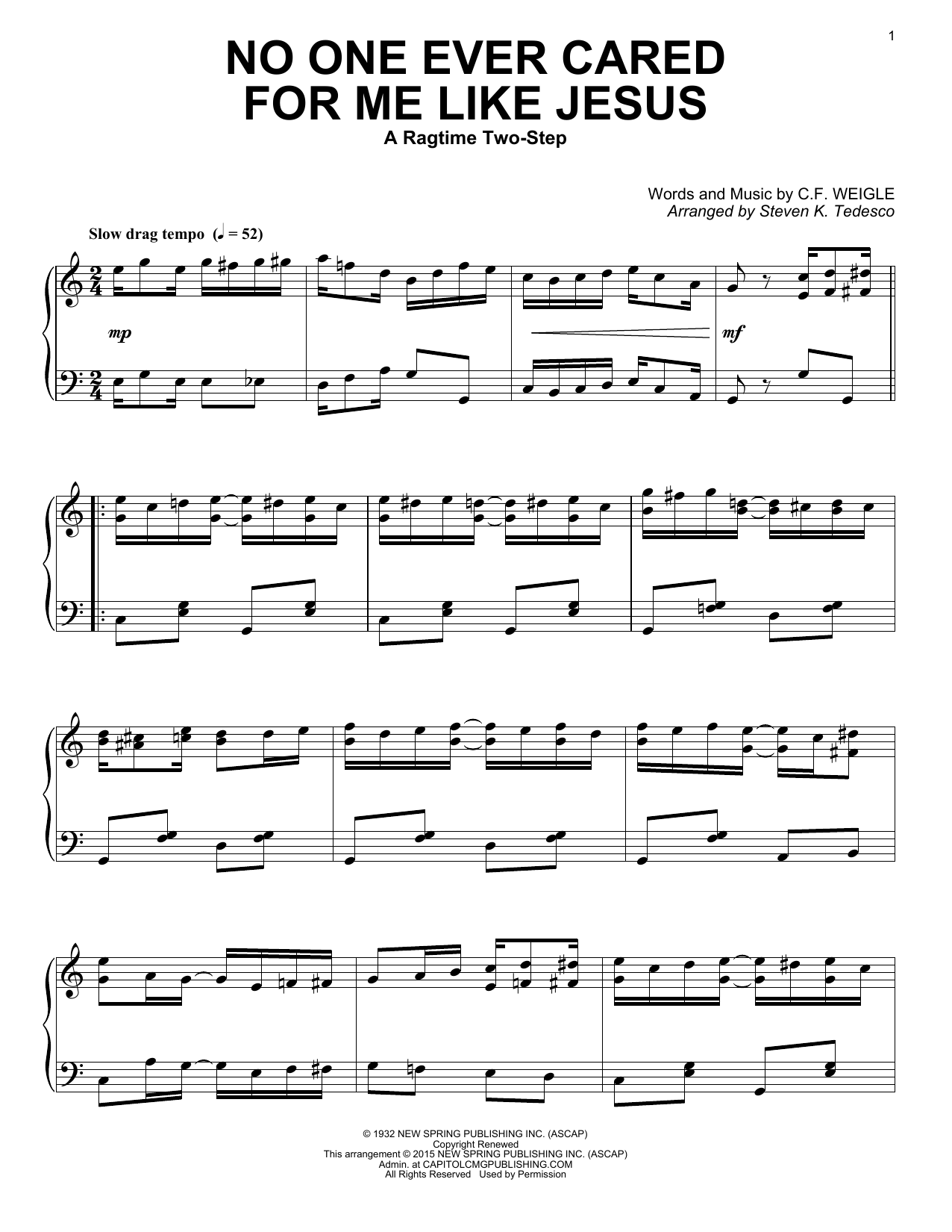 Steven K. Tedesco No One Ever Cared For Me Like Jesus Sheet Music Notes & Chords for Piano Solo - Download or Print PDF