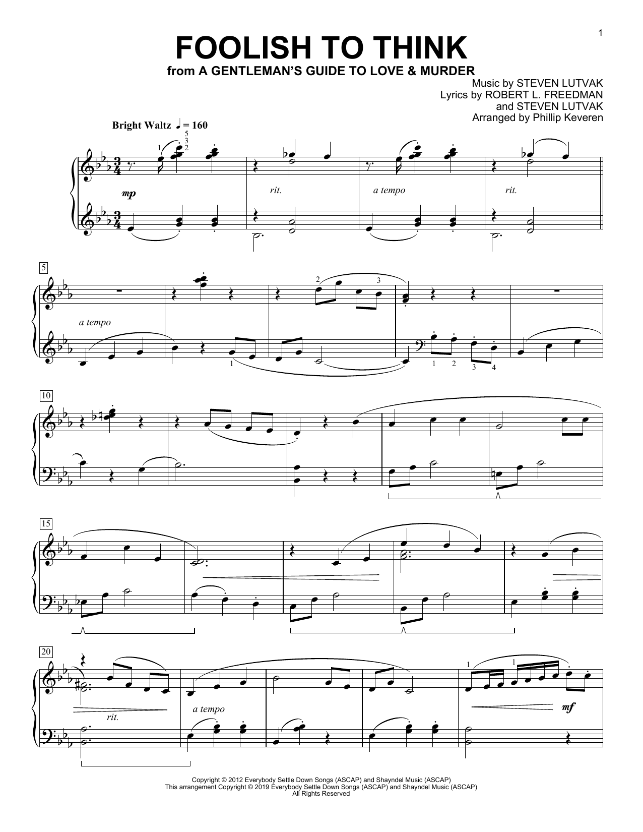 Steven Lutvak Foolish To Think [Classical version] (A Gentleman's Guide To Love & Murder) (arr. Phillip Keveren) Sheet Music Notes & Chords for Piano Solo - Download or Print PDF