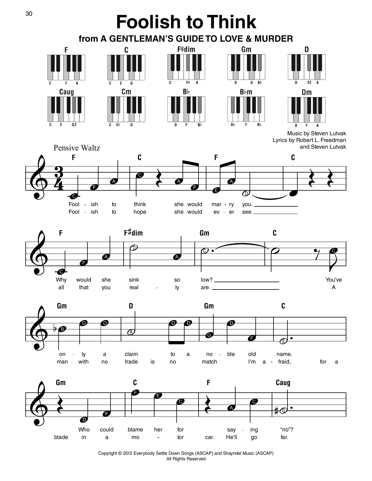 Steven Lutvak Foolish To Think Sheet Music Notes & Chords for Piano, Vocal & Guitar (Right-Hand Melody) - Download or Print PDF