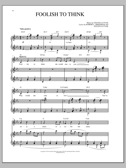 Steven Lutvak Foolish To Think Sheet Music Notes & Chords for Piano, Vocal & Guitar (Right-Hand Melody) - Download or Print PDF
