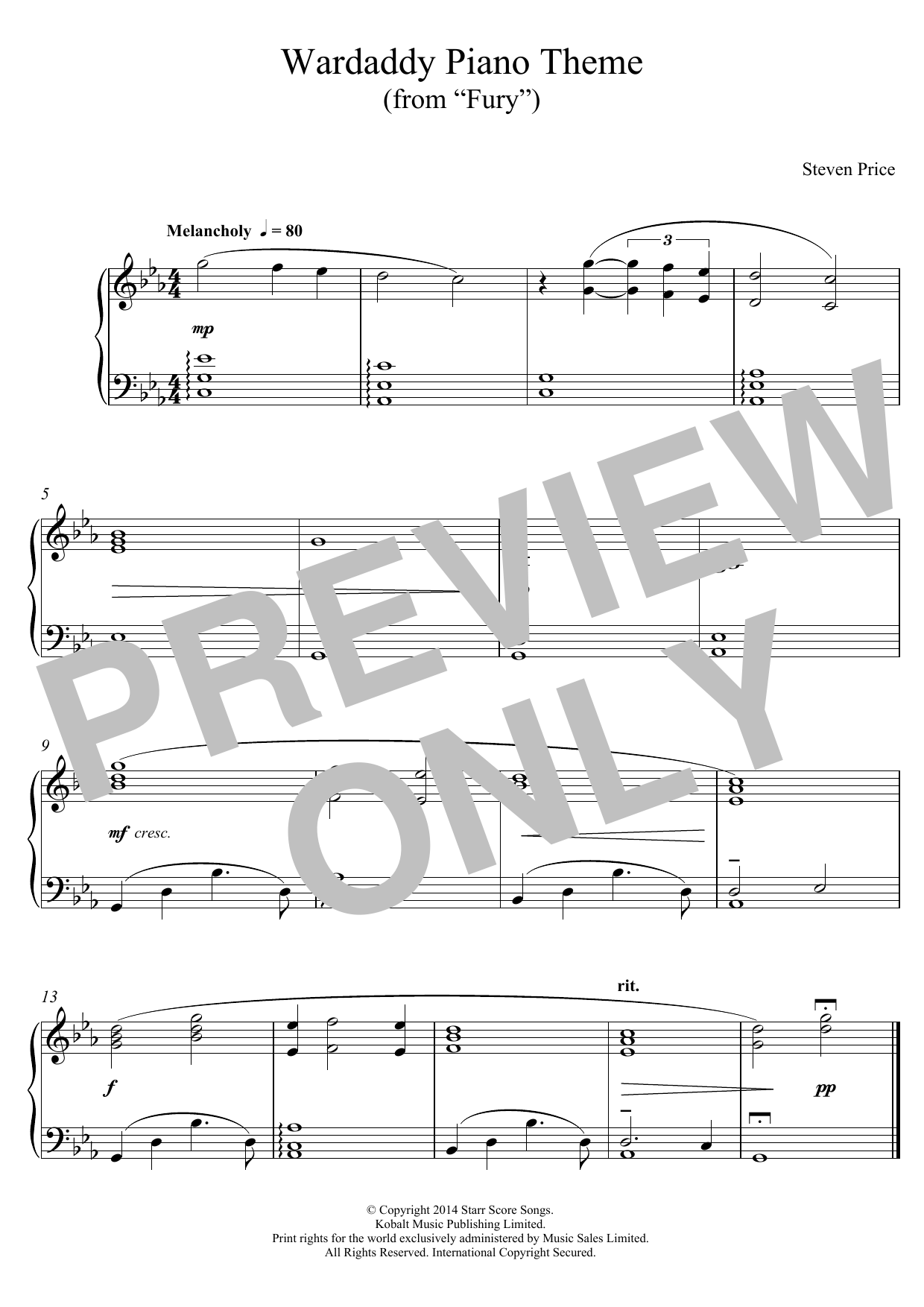 Steven Price Wardaddy Piano Theme (from Fury) Sheet Music Notes & Chords for Piano - Download or Print PDF