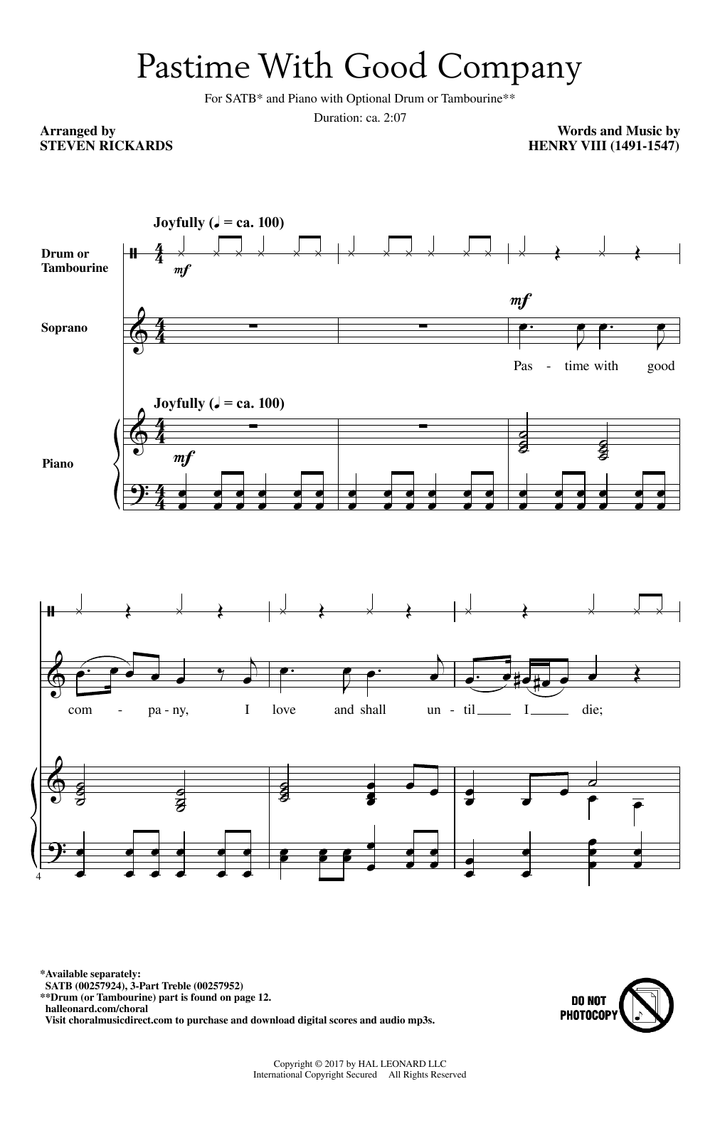 Steven Rickards Pastime With Good Company Sheet Music Notes & Chords for SATB - Download or Print PDF