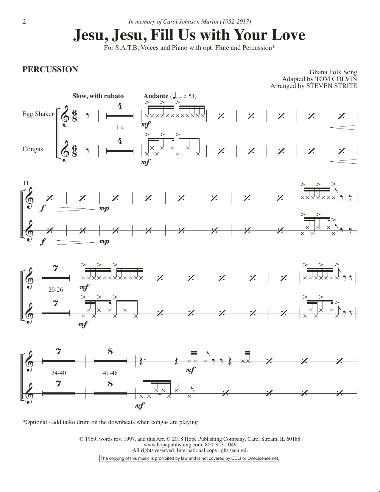 Steven Strite Jesu, Jesu, Fill Us with Your Love - Percussion Sheet Music Notes & Chords for Choir Instrumental Pak - Download or Print PDF