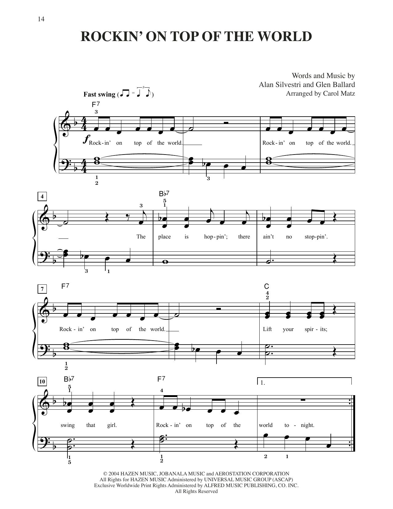Steven Tyler Rockin' On Top Of The World (from The Polar Express) (arr. Carol Matz) Sheet Music Notes & Chords for Big Note Piano - Download or Print PDF