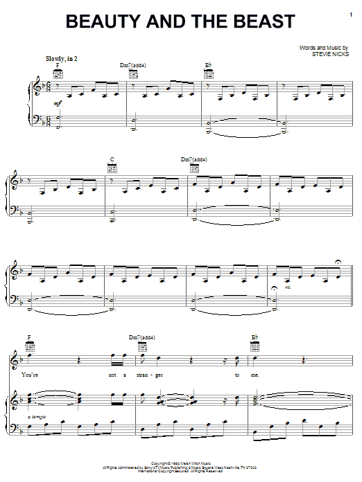 Stevie Nicks Beauty And The Beast Sheet Music Notes & Chords for Piano, Vocal & Guitar (Right-Hand Melody) - Download or Print PDF Stevie Nicks Beauty And The Beast Sheet Music Notes & Chords for Piano, Vocal & Guitar (Right-Hand Melody) - Download or Print PDF