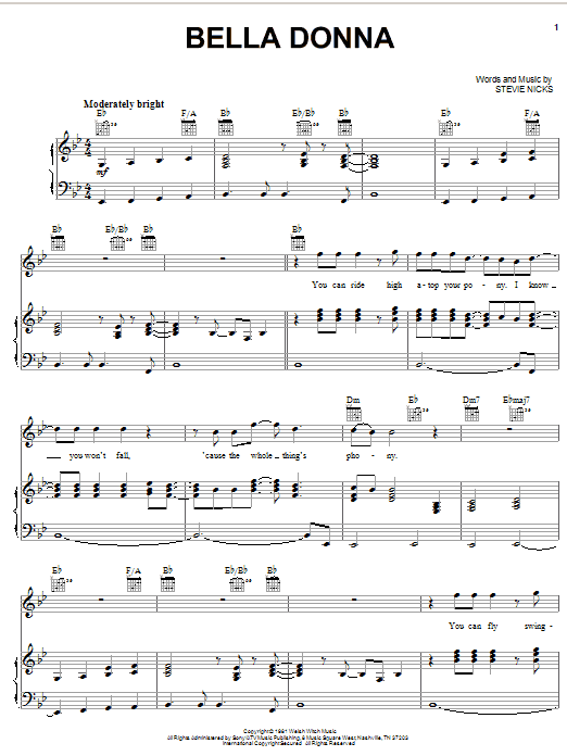 Stevie Nicks Bella Donna Sheet Music Notes & Chords for Piano, Vocal & Guitar (Right-Hand Melody) - Download or Print PDF Stevie Nicks Bella Donna Sheet Music Notes & Chords for Piano, Vocal & Guitar (Right-Hand Melody) - Download or Print PDF