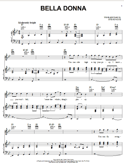 Stevie Nicks Bella Donna Sheet Music Notes & Chords for Piano, Vocal & Guitar (Right-Hand Melody) - Download or Print PDF