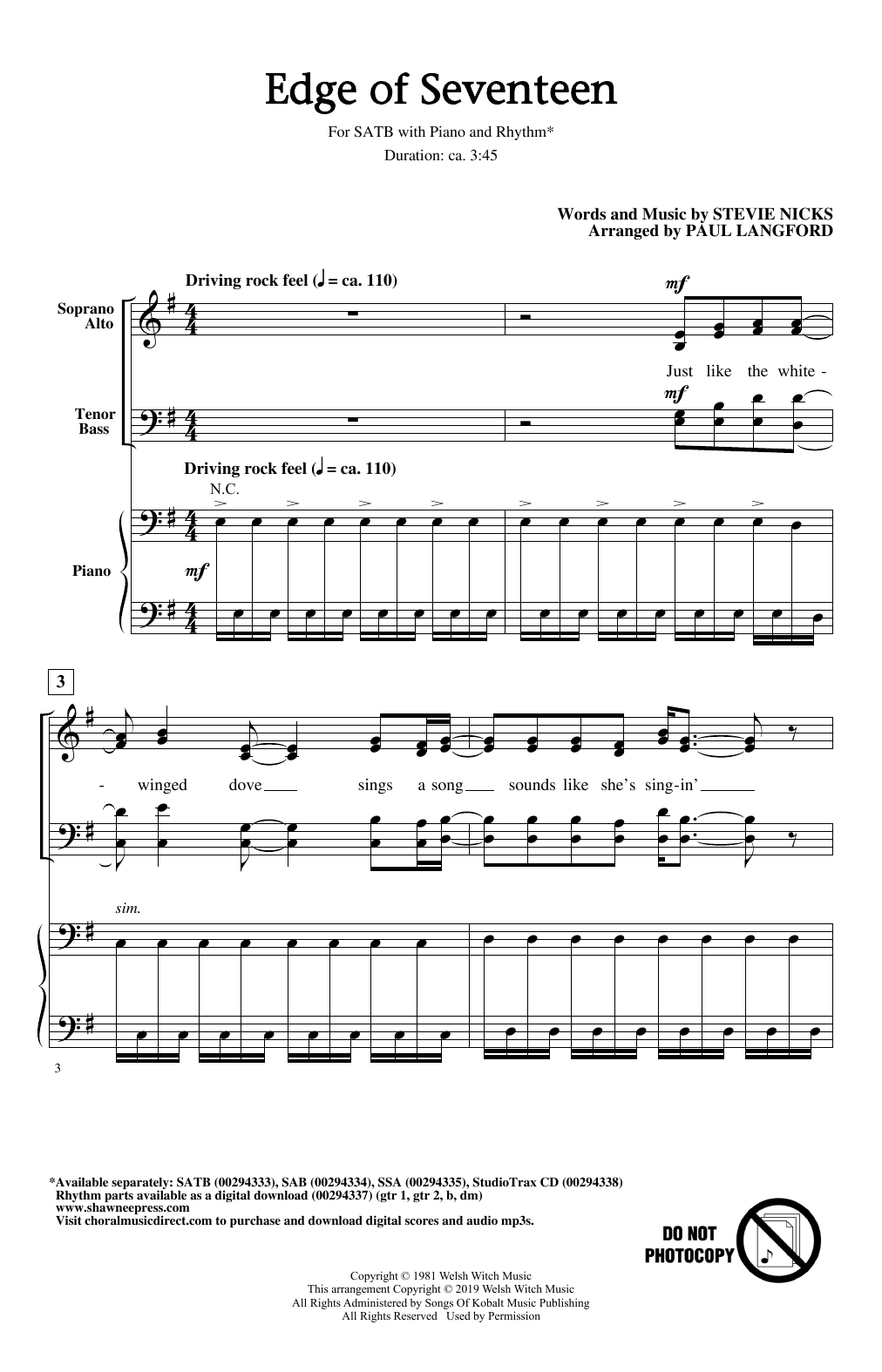 Stevie Nicks Edge Of Seventeen (arr. Paul Langford) Sheet Music Notes & Chords for SAB Choir - Download or Print PDF