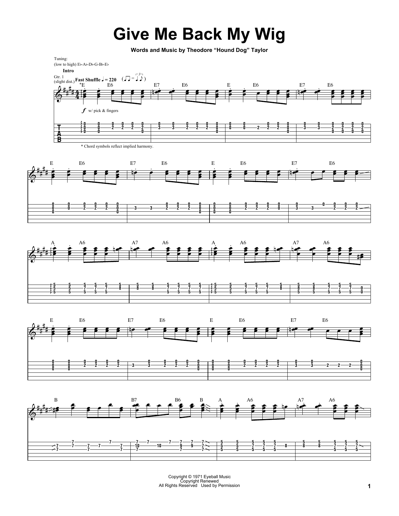 Stevie Ray Vaughan Give Me Back My Wig Sheet Music Notes & Chords for Guitar Tab - Download or Print PDF