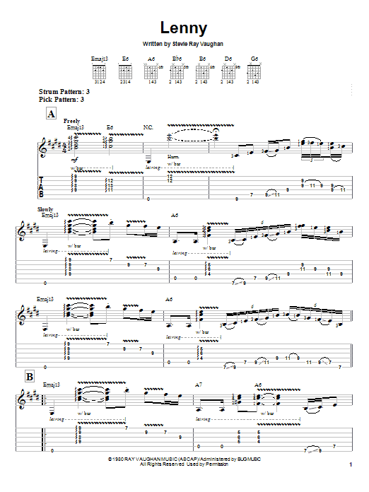 Stevie Ray Vaughan Lenny Sheet Music Notes & Chords for Guitar Tab - Download or Print PDF