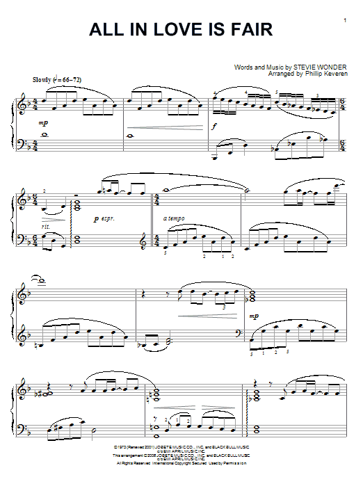 Stevie Wonder All In Love Is Fair Sheet Music Notes & Chords for Piano - Download or Print PDF