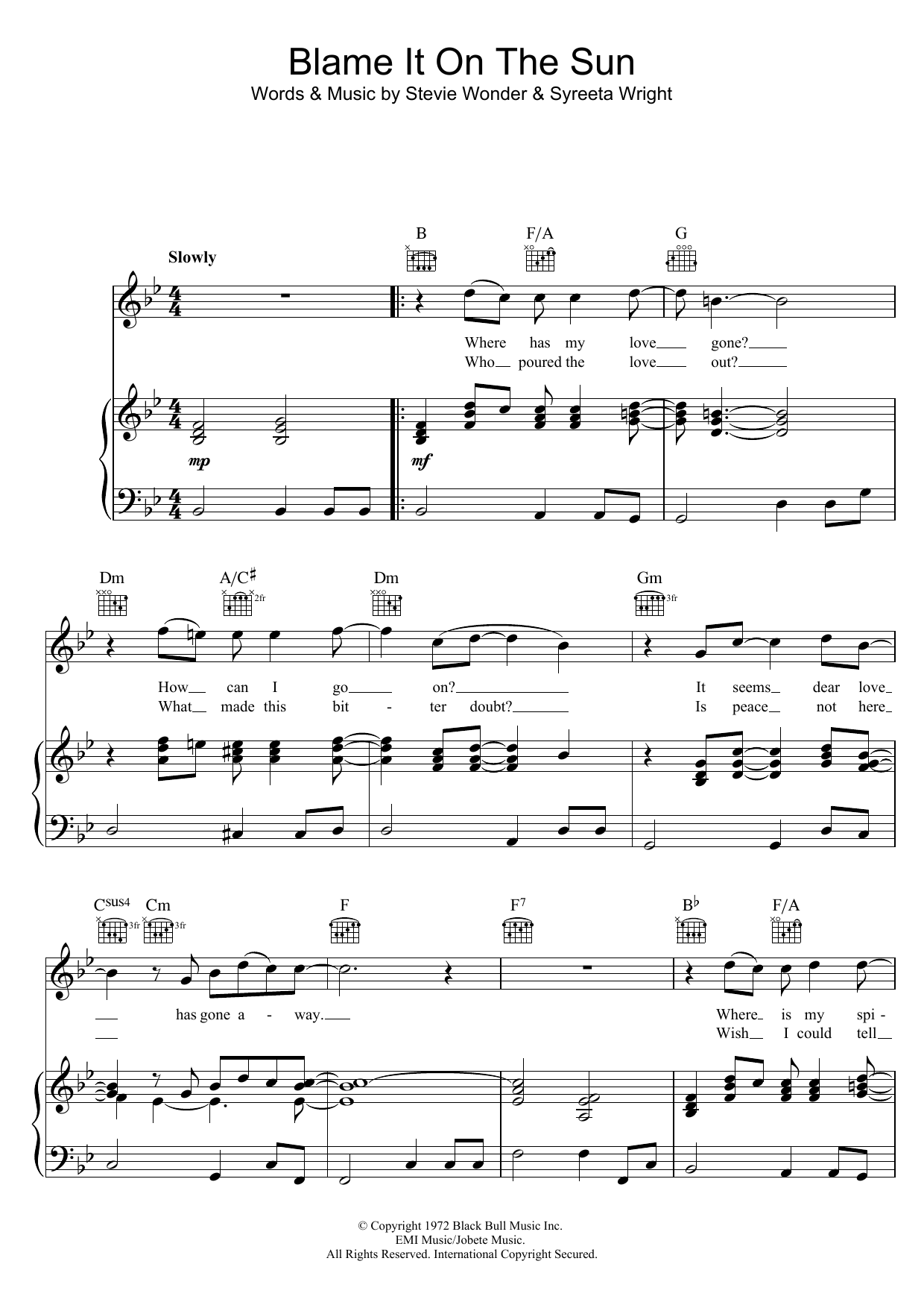 Stevie Wonder Blame It On The Sun Sheet Music Notes & Chords for Piano, Vocal & Guitar (Right-Hand Melody) - Download or Print PDF