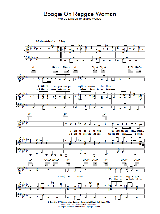 Stevie Wonder Boogie On Reggae Woman Sheet Music Notes & Chords for Piano, Vocal & Guitar (Right-Hand Melody) - Download or Print PDF