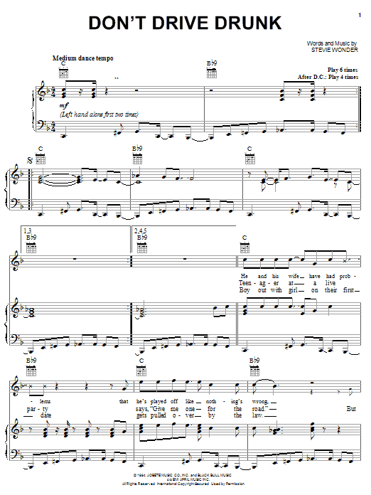 Stevie Wonder Don't Drive Drunk Sheet Music Notes & Chords for Piano, Vocal & Guitar (Right-Hand Melody) - Download or Print PDF Stevie Wonder Don't Drive Drunk Sheet Music Notes & Chords for Piano, Vocal & Guitar (Right-Hand Melody) - Download or Print PDF