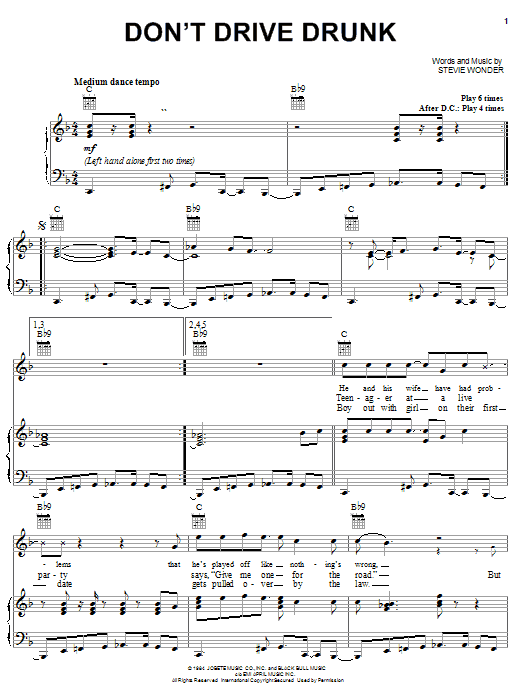 Stevie Wonder Don't Drive Drunk Sheet Music Notes & Chords for Piano, Vocal & Guitar (Right-Hand Melody) - Download or Print PDF