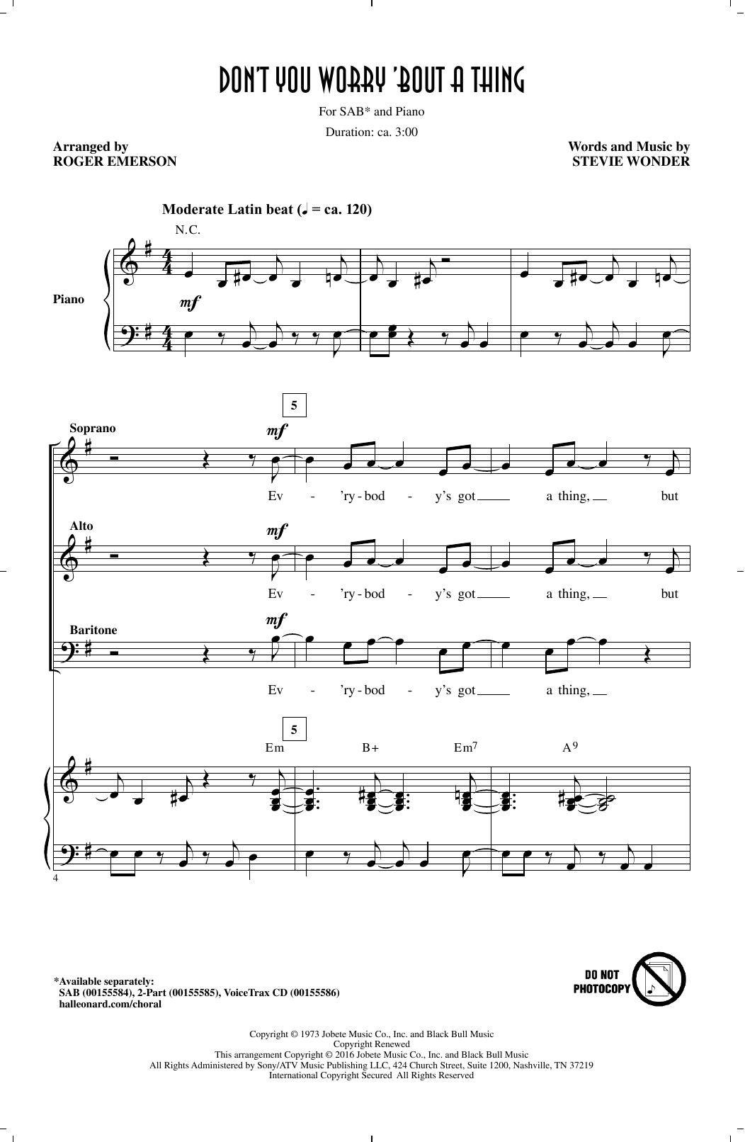 Stevie Wonder Don't You Worry 'Bout A Thing (arr. Roger Emerson) Sheet Music Notes & Chords for SSA Choir - Download or Print PDF