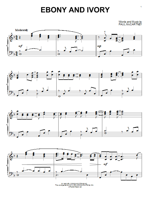 Stevie Wonder Ebony And Ivory Sheet Music Notes & Chords for Piano - Download or Print PDF