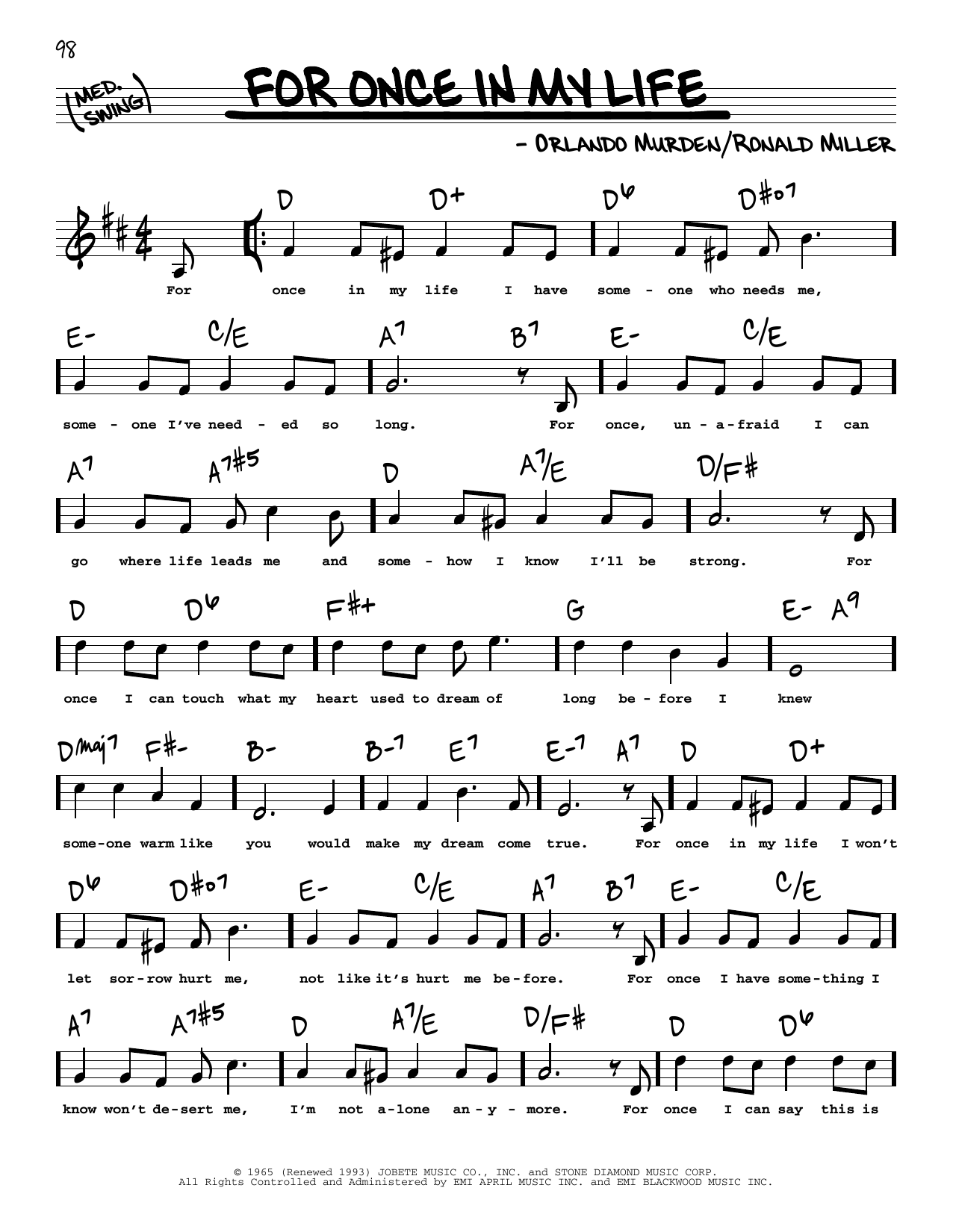 Stevie Wonder For Once In My Life (High Voice) Sheet Music Notes & Chords for Real Book – Melody, Lyrics & Chords - Download or Print PDF