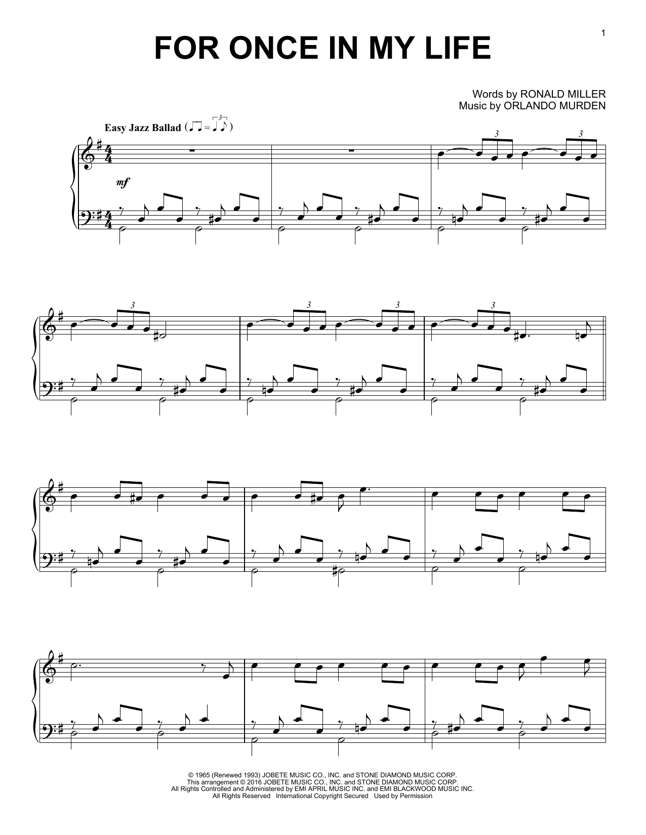 Stevie Wonder For Once In My Life [Jazz version] Sheet Music Notes & Chords for Piano - Download or Print PDF