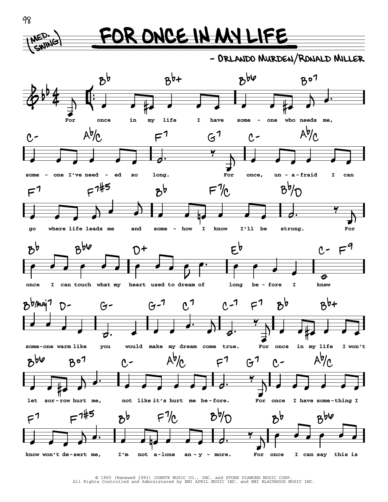 Stevie Wonder For Once In My Life (Low Voice) Sheet Music Notes & Chords for Real Book – Melody, Lyrics & Chords - Download or Print PDF