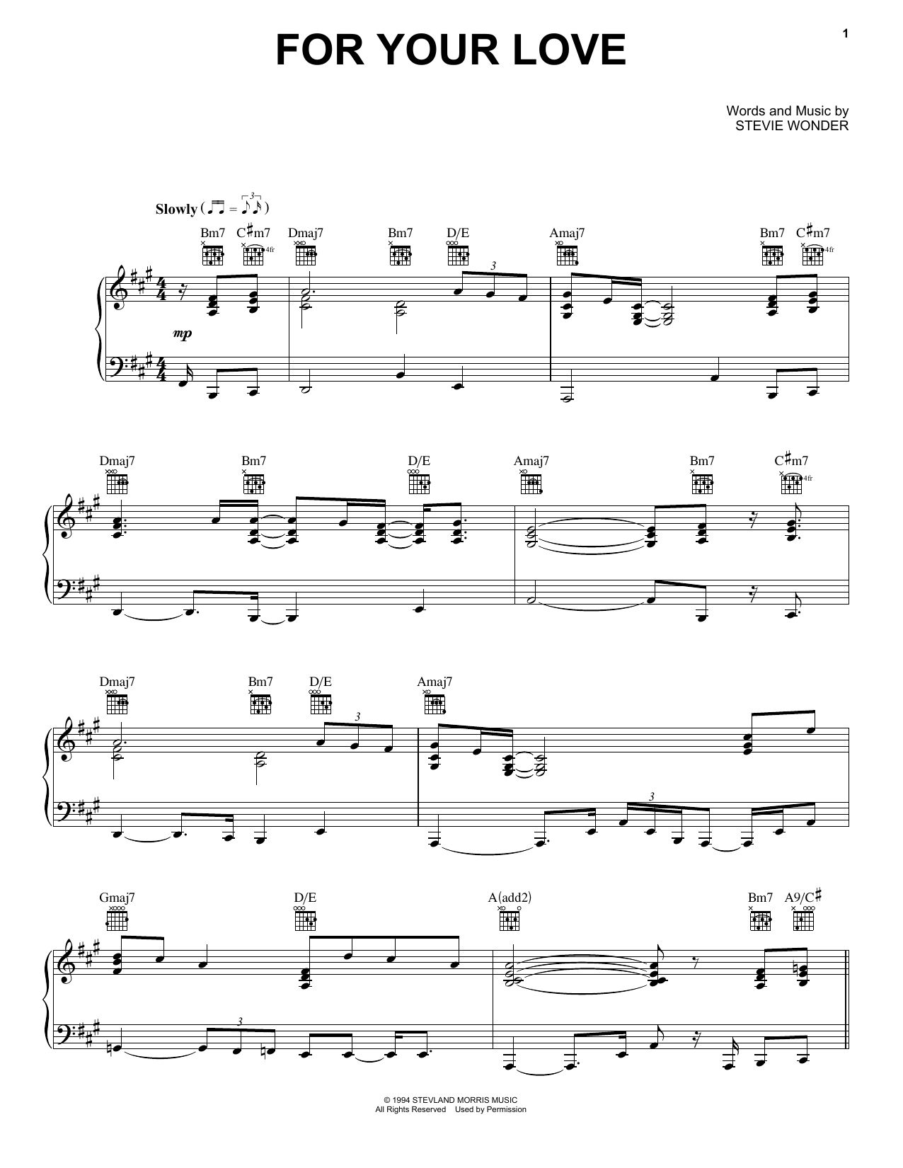 Stevie Wonder For Your Love Sheet Music Notes & Chords for Piano, Vocal & Guitar Chords (Right-Hand Melody) - Download or Print PDF