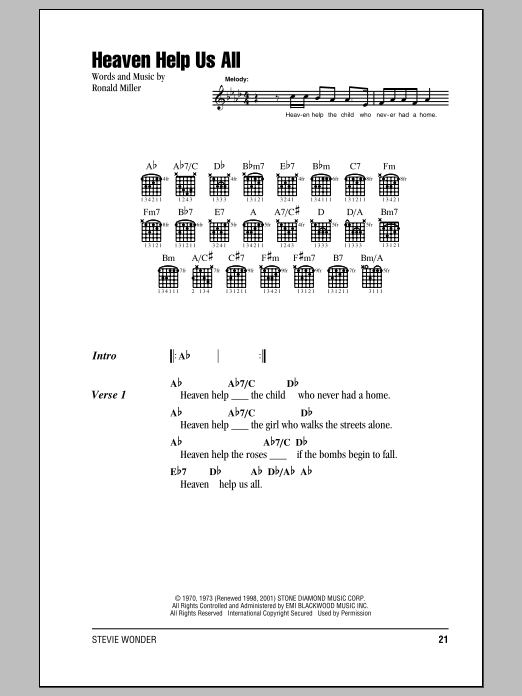 Stevie Wonder Heaven Help Us All Sheet Music Notes & Chords for Piano, Vocal & Guitar Chords (Right-Hand Melody) - Download or Print PDF