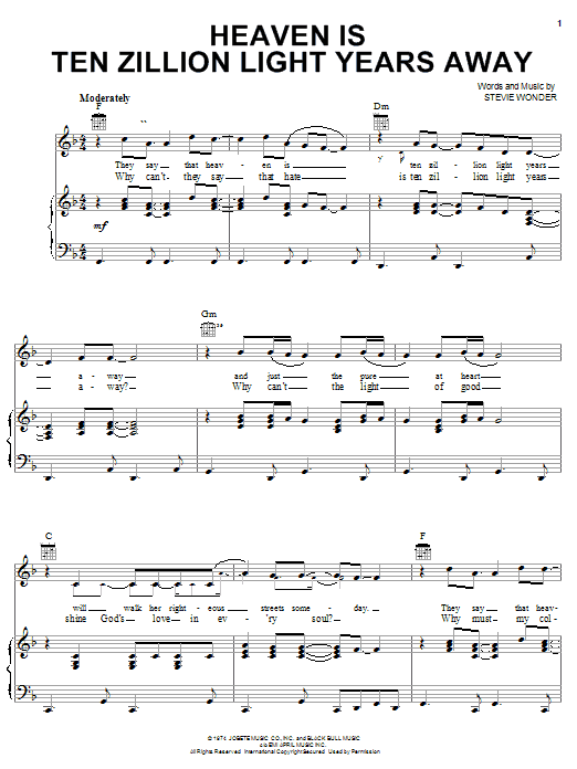 Stevie Wonder Heaven Is Ten Zillion Light Years Away Sheet Music Notes & Chords for Piano, Vocal & Guitar (Right-Hand Melody) - Download or Print PDF